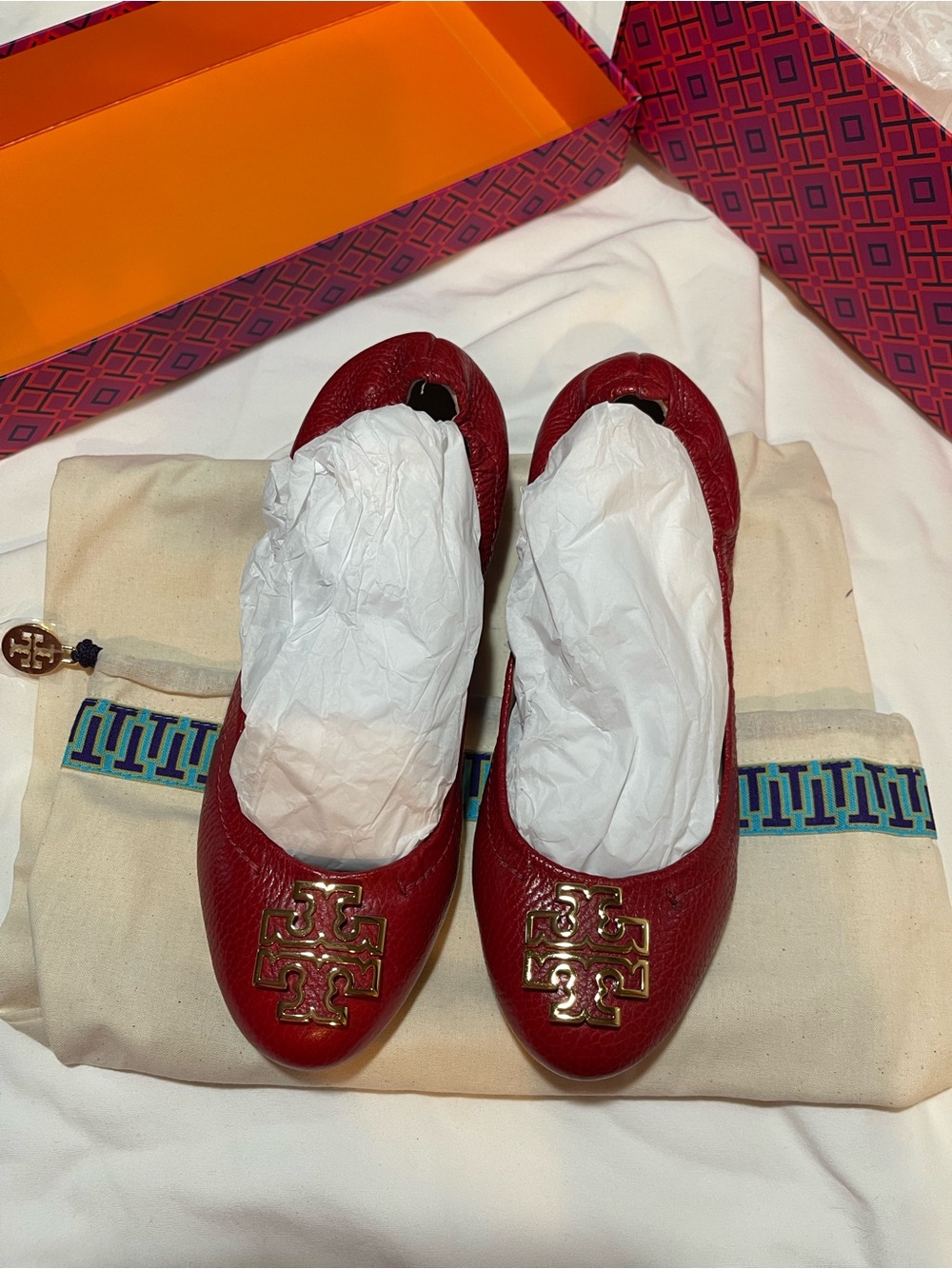 Tory Burch Red (Cerise) Leather Logo Melinda Ballet Flats